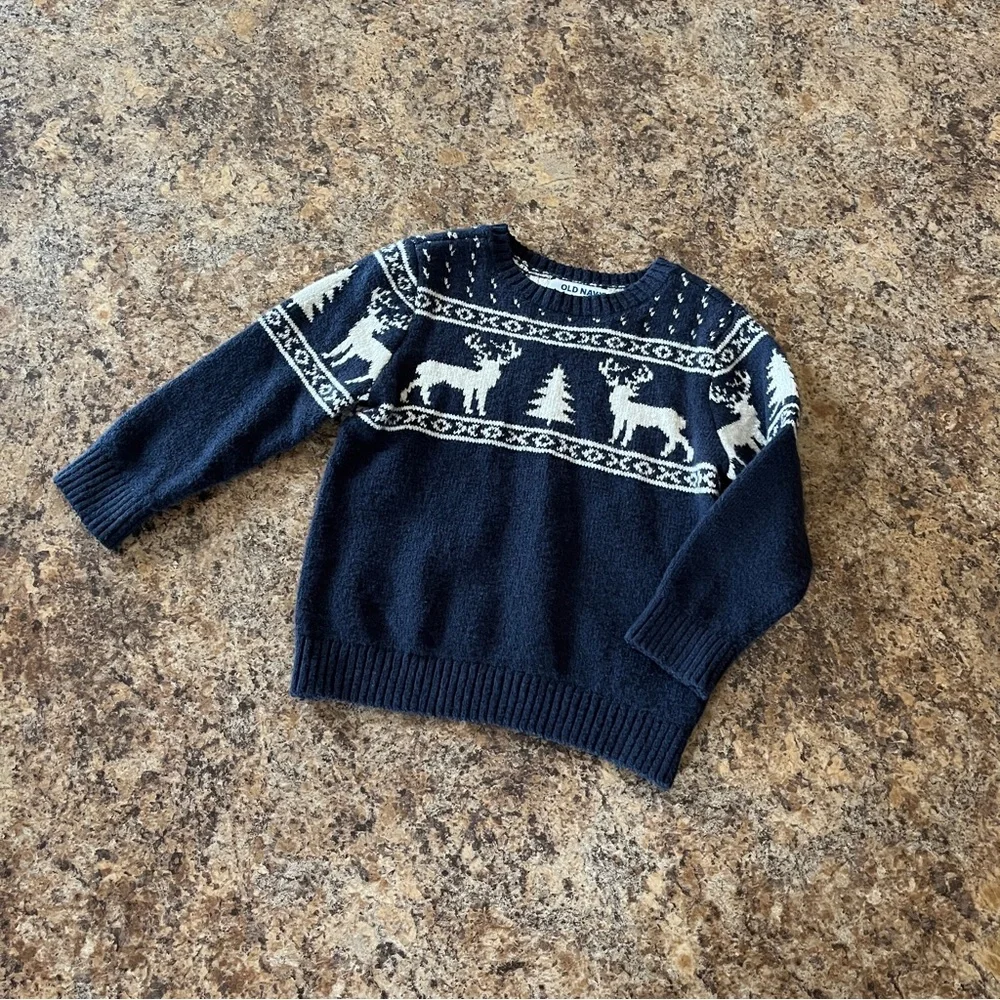 Old Navy 2T Fair Isle Reindeer Christmas Holiday Cozy Sweater Navy Blue White